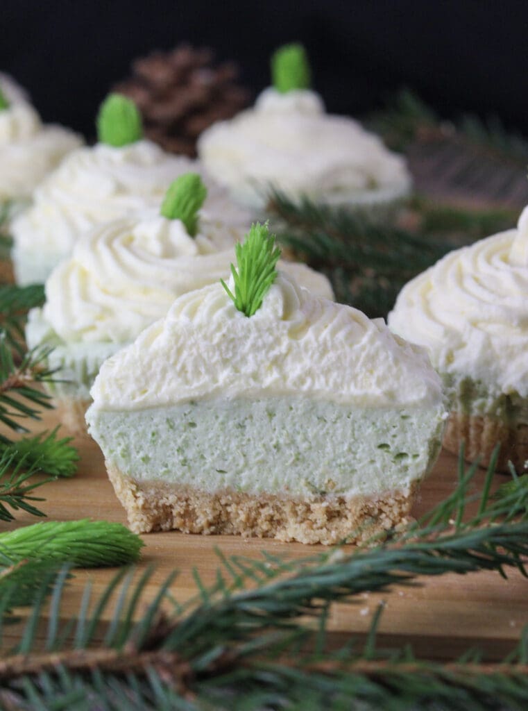 Image of a spruce tip cake cut in half to show the inside of the cake.
